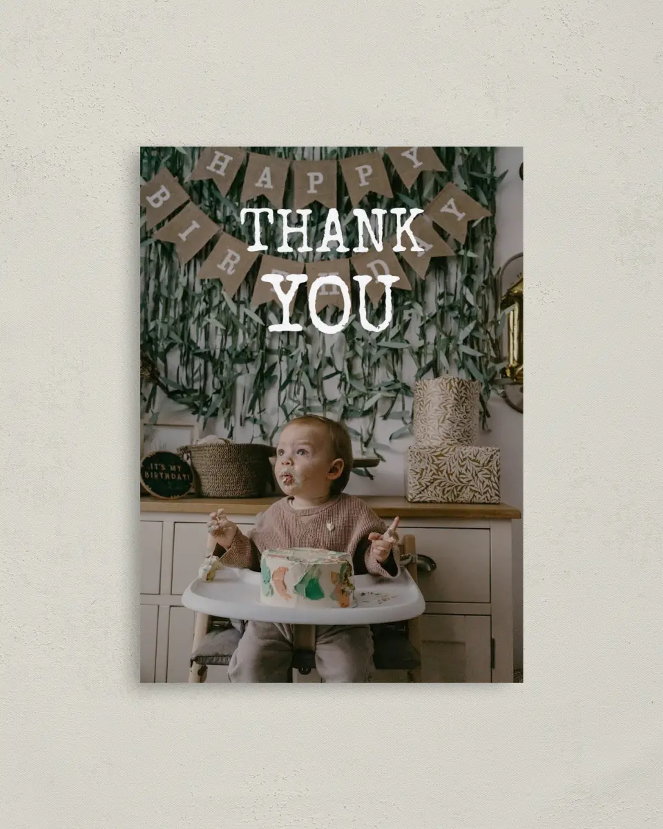This is a 4" x 5.6" Thank You Card called Wild One printed in full color on Soft Touch Finish paper