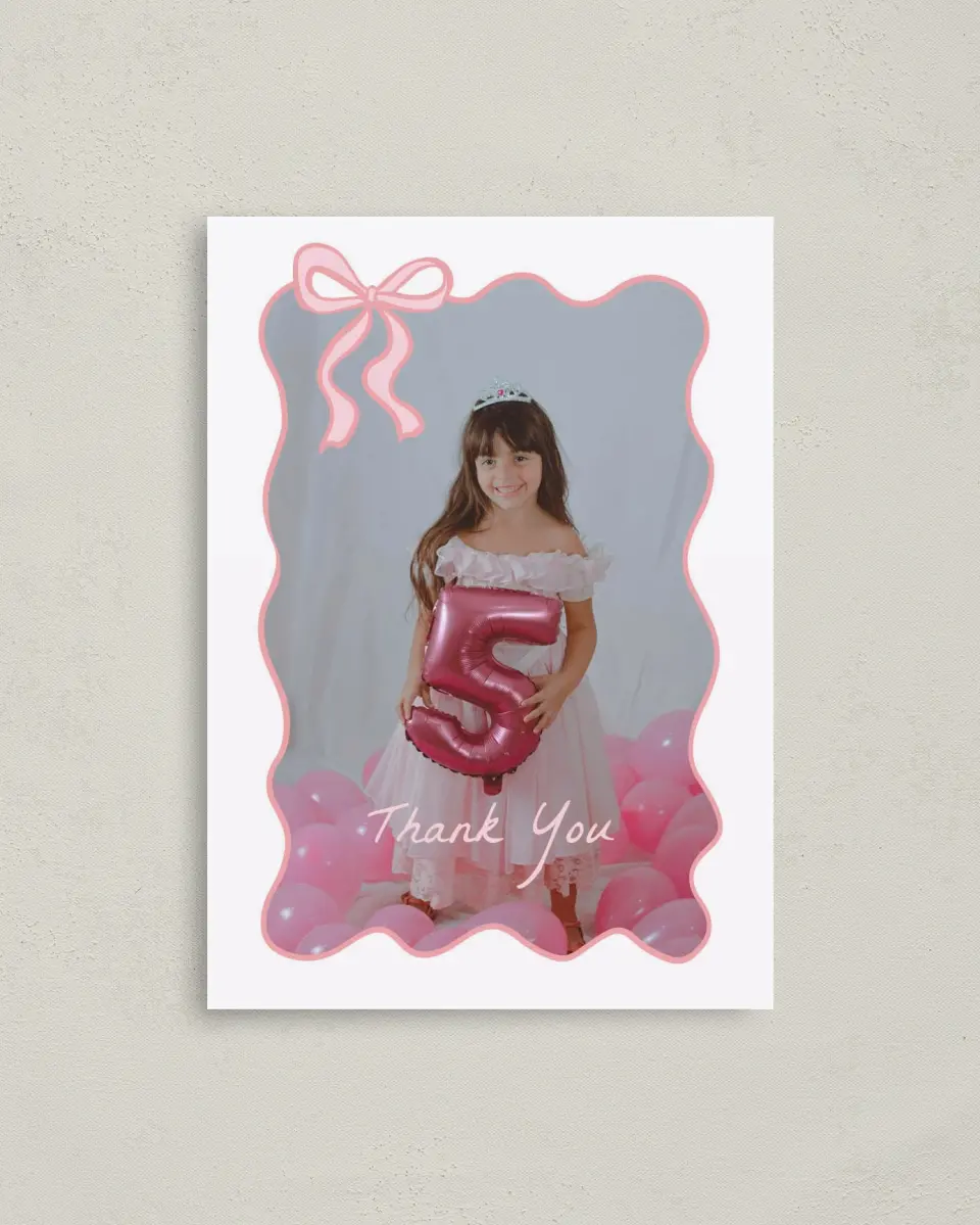 This is a 4" x 5.6" Thank You Card called Ribboned Reverie printed in full color on Soft Touch Finish paper