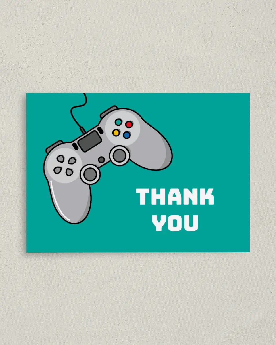This is a 4" x 5.6" Thank You Card called Level Up printed in full color on Soft Touch Finish paper