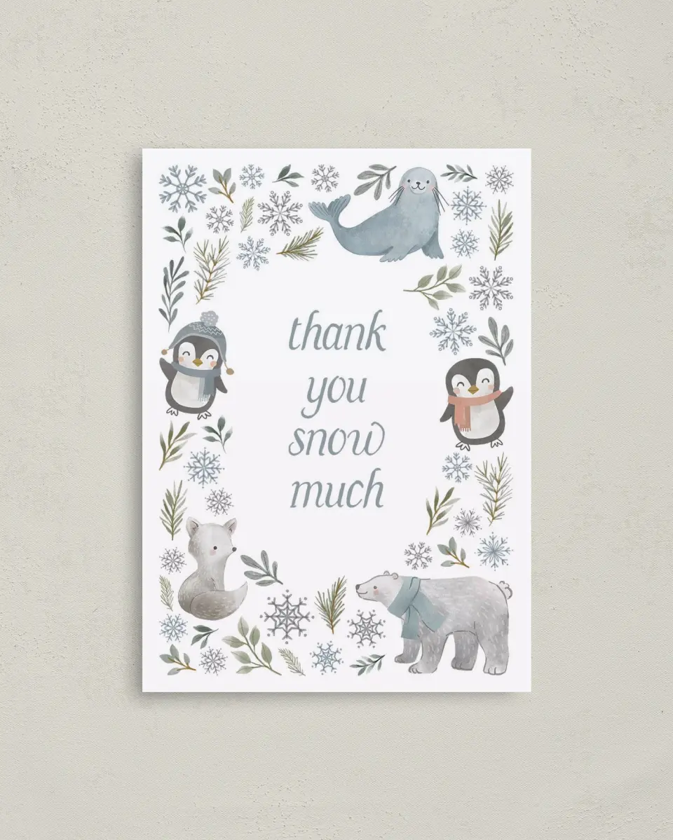 This is a 4" x 5.6" Thank You Card called Winter Wonderland printed in full color on Soft Touch Finish paper