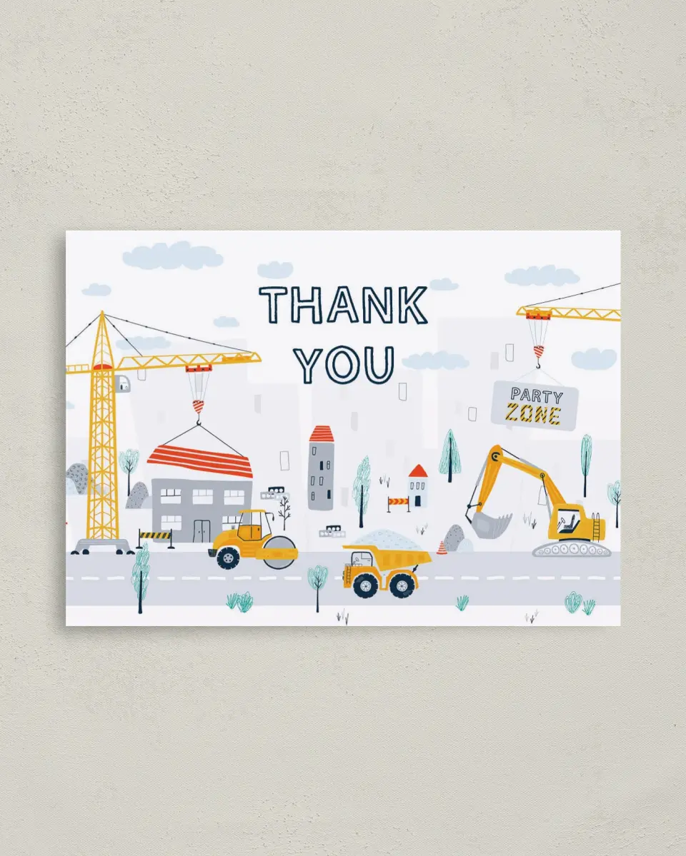 This is a 4" x 5.6" Thank You Card called Under Construction printed in full color on Soft Touch Finish paper