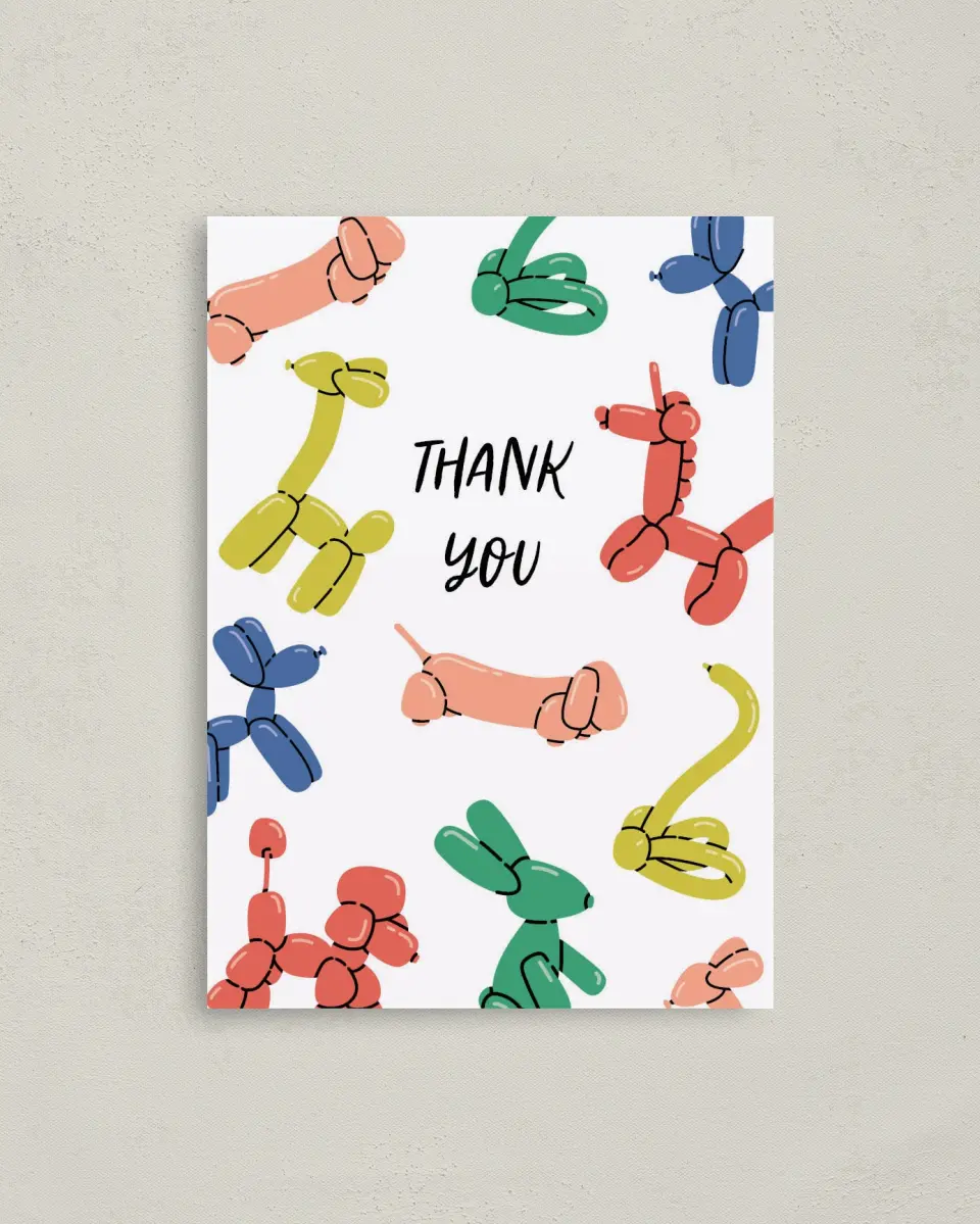 This is a 4" x 5.6" Thank You Card called Balloon Blast printed in full color on Soft Touch Finish paper