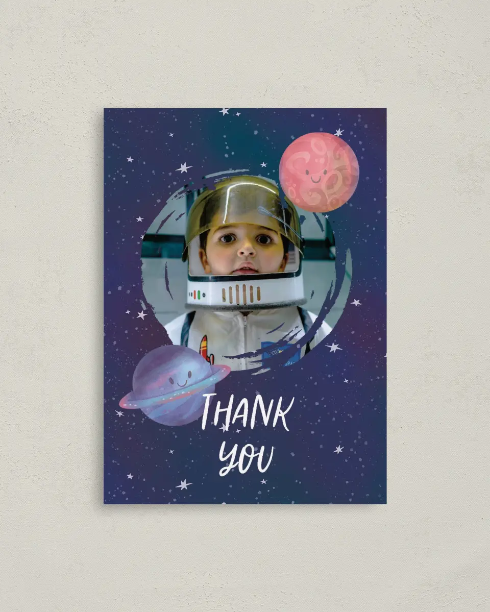 This is a 4" x 5.6" Thank You Card called Out of this World printed in full color on Soft Touch Finish paper