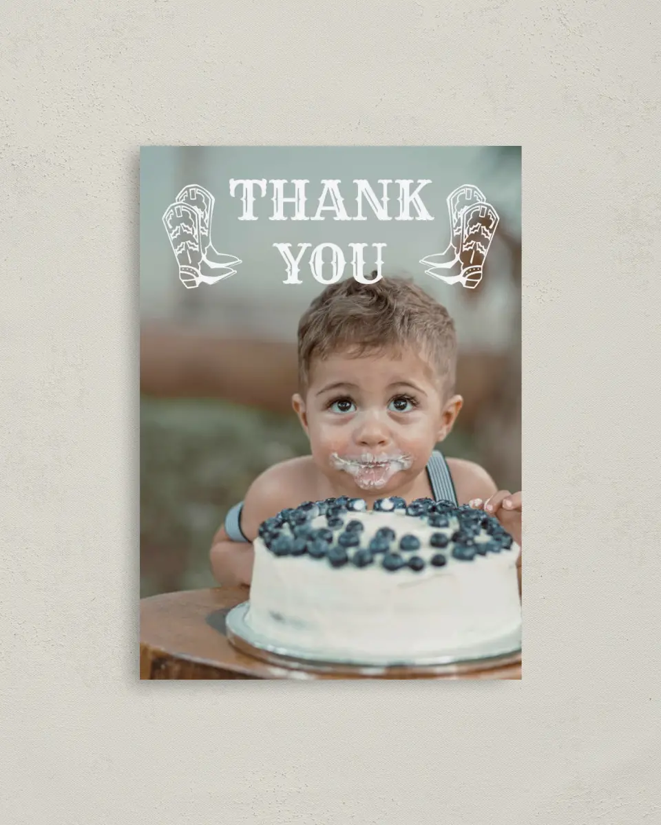This is a 4" x 5.6" Thank You Card called First Rodeo printed in full color on Soft Touch Finish paper