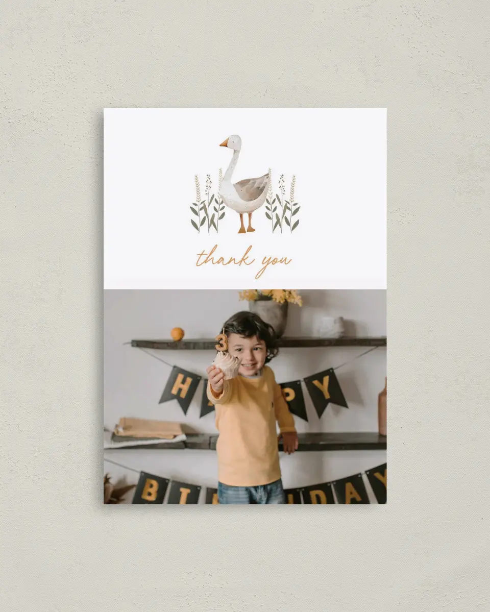 This is a 4" x 5.6" Thank You Card called Silly Goose printed in full color on Soft Touch Finish paper