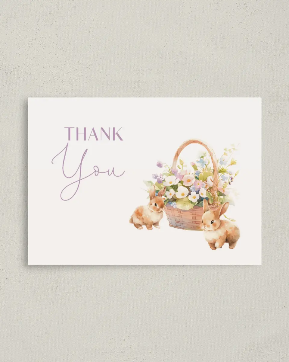 This is a 4" x 5.6" Thank You Card called Some Bunny printed in full color on Soft Touch Finish paper