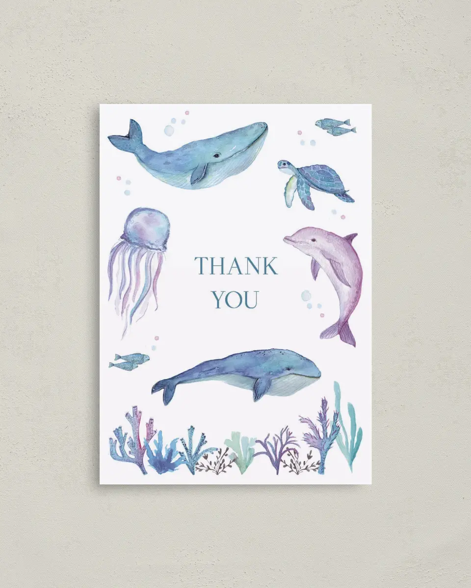 This is a 4" x 5.6" Thank You Card called Deep Sea printed in full color on Soft Touch Finish paper