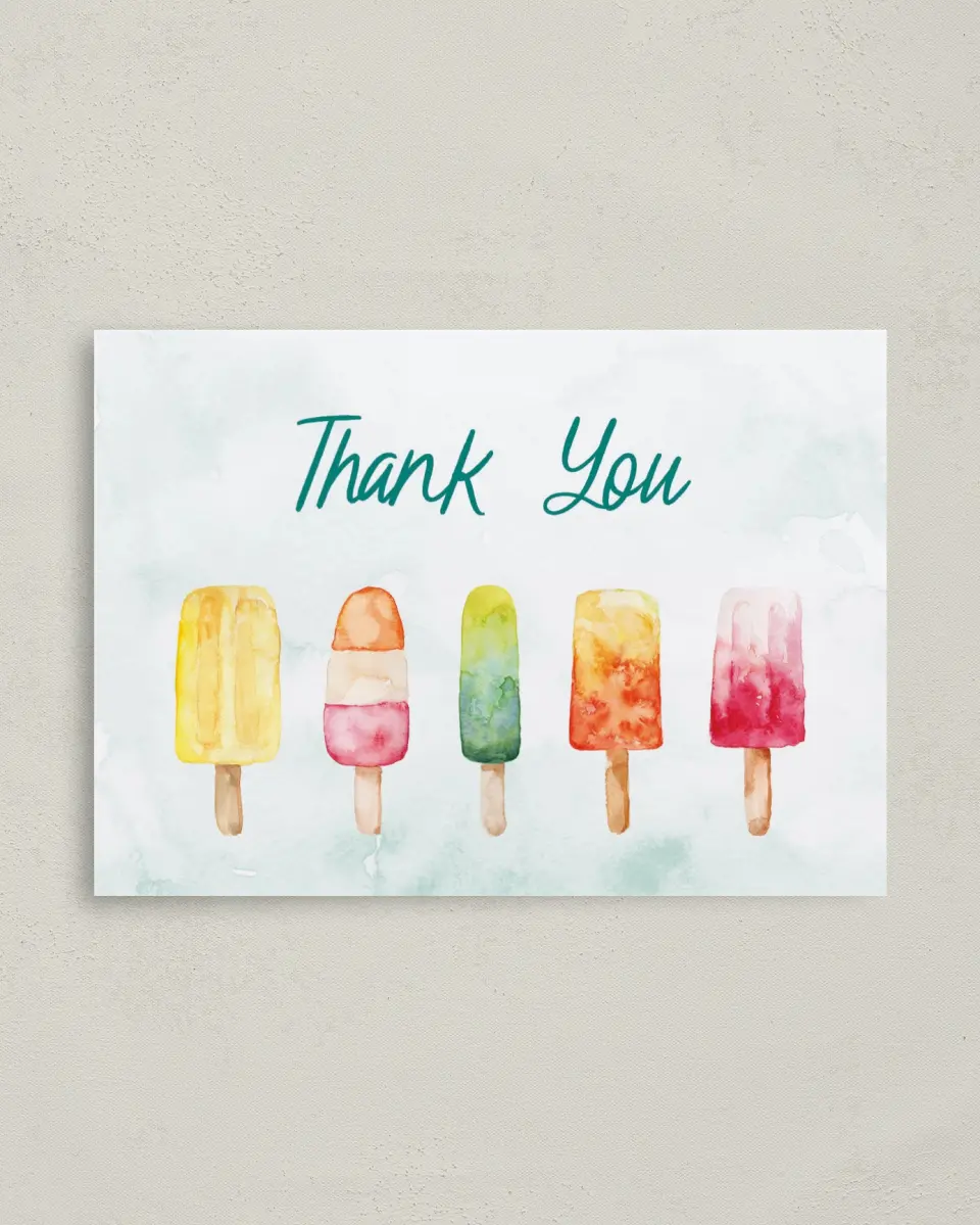 This is a 4" x 5.6" Thank You Card called Poolside Popsicles printed in full color on Soft Touch Finish paper