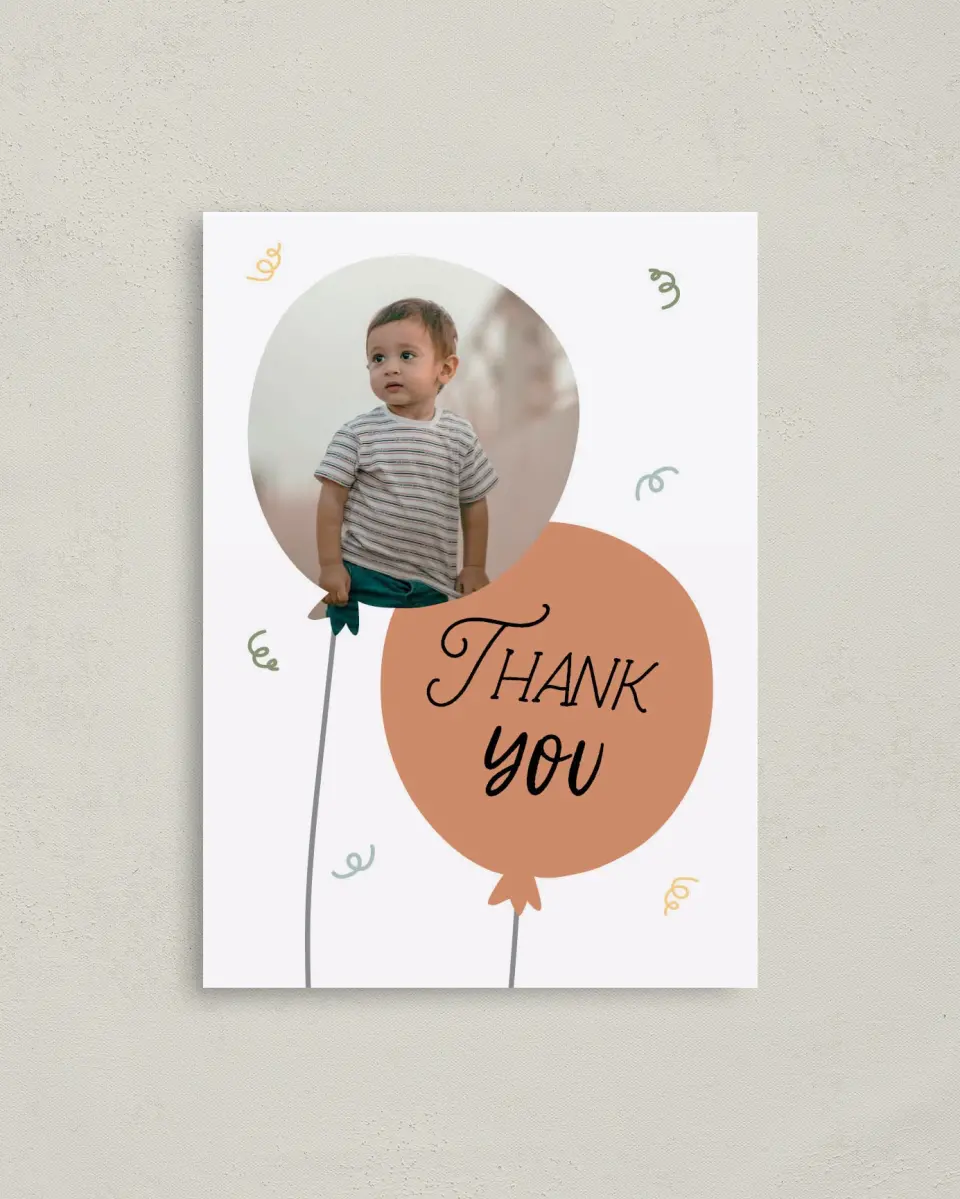 This is a 4" x 5.6" Thank You Card called Birthday Blast printed in full color on Soft Touch Finish paper