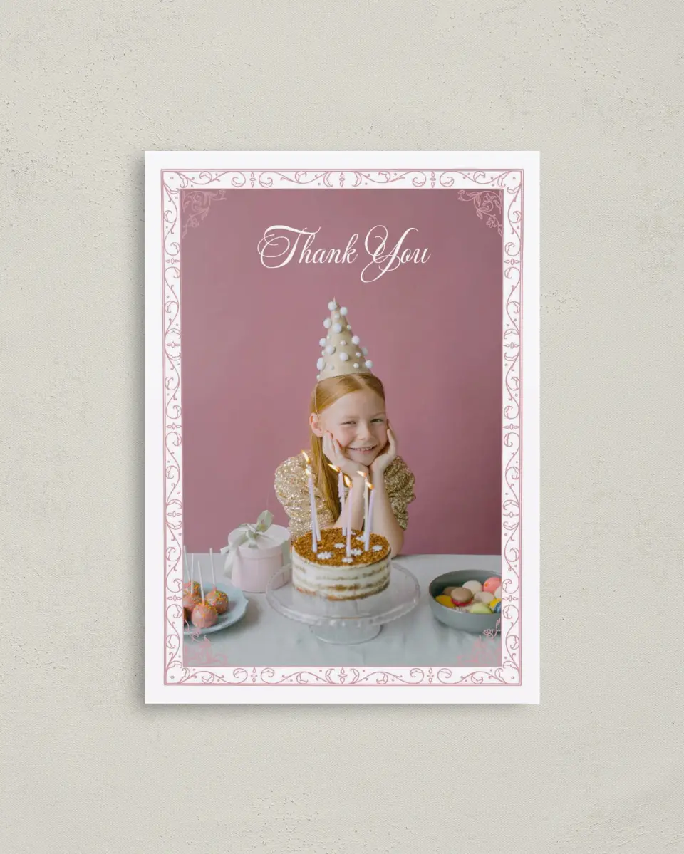 This is a 4" x 5.6" Thank You Card called Princess Elegance printed in full color on Soft Touch Finish paper
