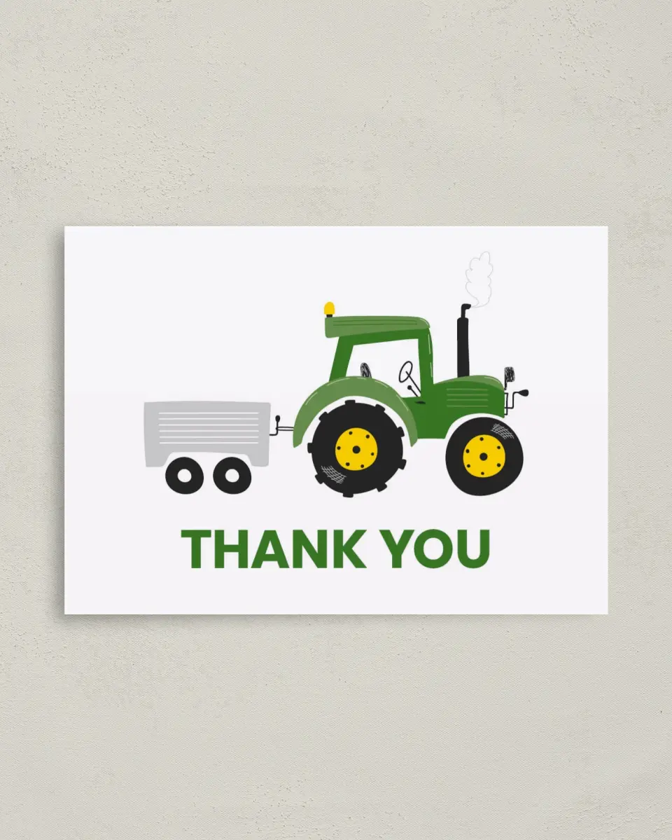This is a 4" x 5.6" Thank You Card called Tractor Trek printed in full color on Soft Touch Finish paper