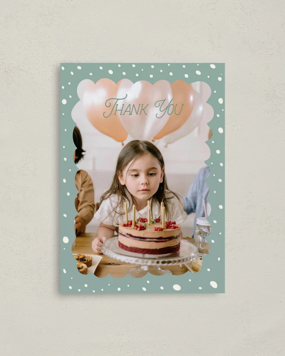 This is a 4" x 5.6" Thank You Card called Sweet Celebration printed in full color on Soft Touch Finish paper