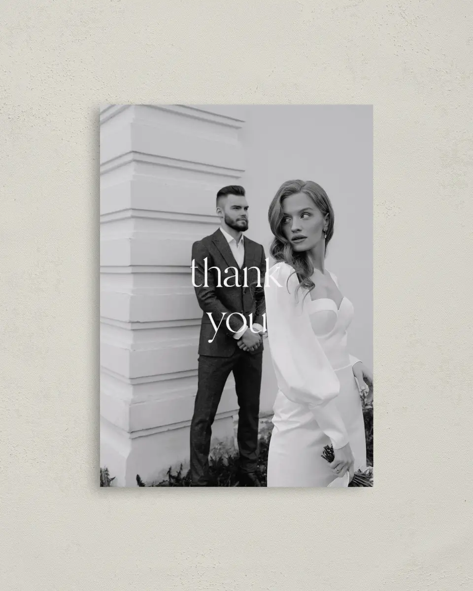 This is a 4" x 5.6" Thank You Postcard called The Delaney printed in full color on Soft Touch Finish paper