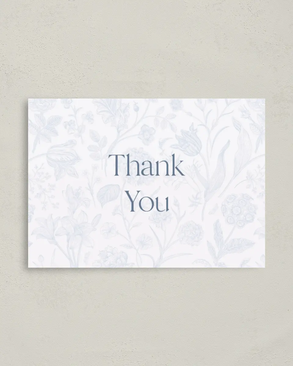 This is a 4" x 5.6" Thank You Postcard called The Gabriella printed in full color on Soft Touch Finish paper