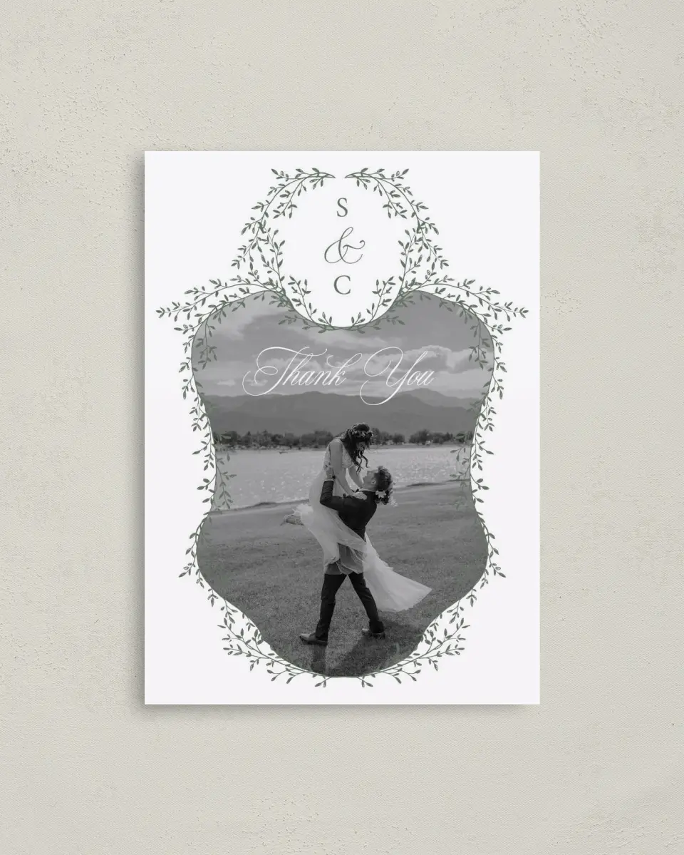This is a 4" x 5.6" Thank You Postcard called Elegant Frame printed in full color on Soft Touch Finish paper