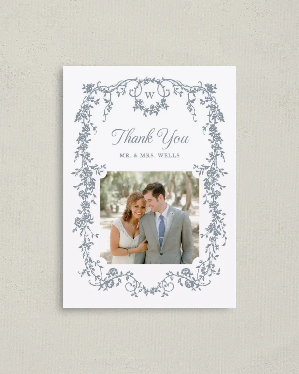 This is a 4" x 5.6" Thank You Postcard called Flowering Frame printed in full color on Soft Touch Finish paper