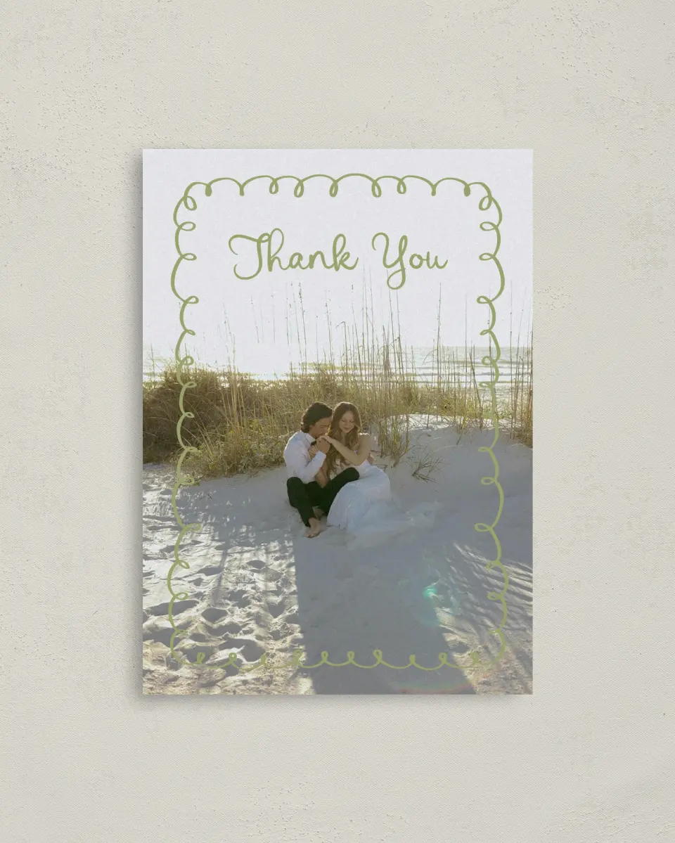 This is a 4" x 5.6" Thank You Postcard called Wedding Whimsy printed in full color with Silver foil on Soft Touch Finish paper