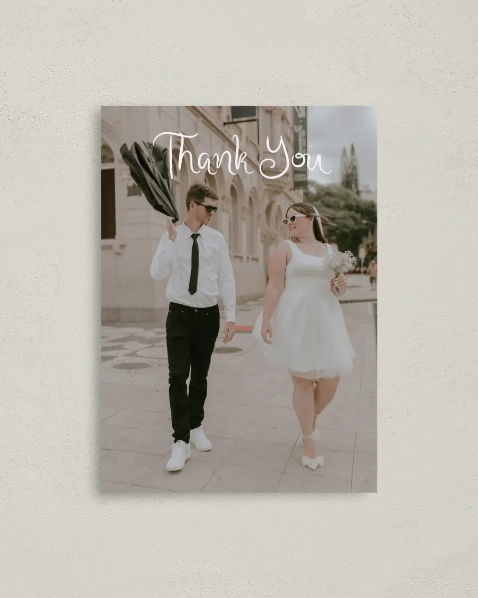 This is a 4" x 5.6" Thank You Postcard called The Micayla printed in full color on Soft Touch Finish paper