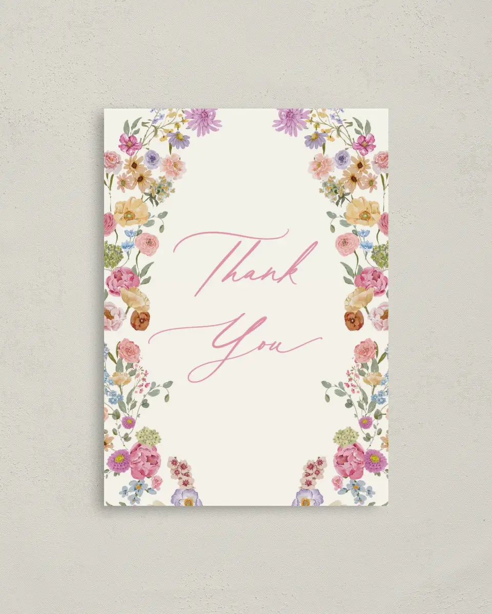 This is a 4" x 5.6" Thank You Postcard called The Florence printed in full color on Soft Touch Finish paper