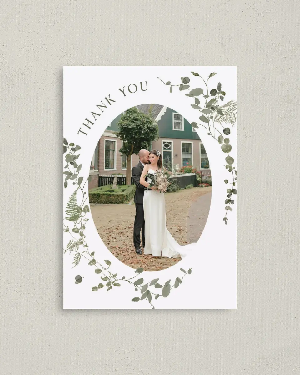 This is a 4" x 5.6" Thank You Postcard called The Hailey printed in full color on Soft Touch Finish paper
