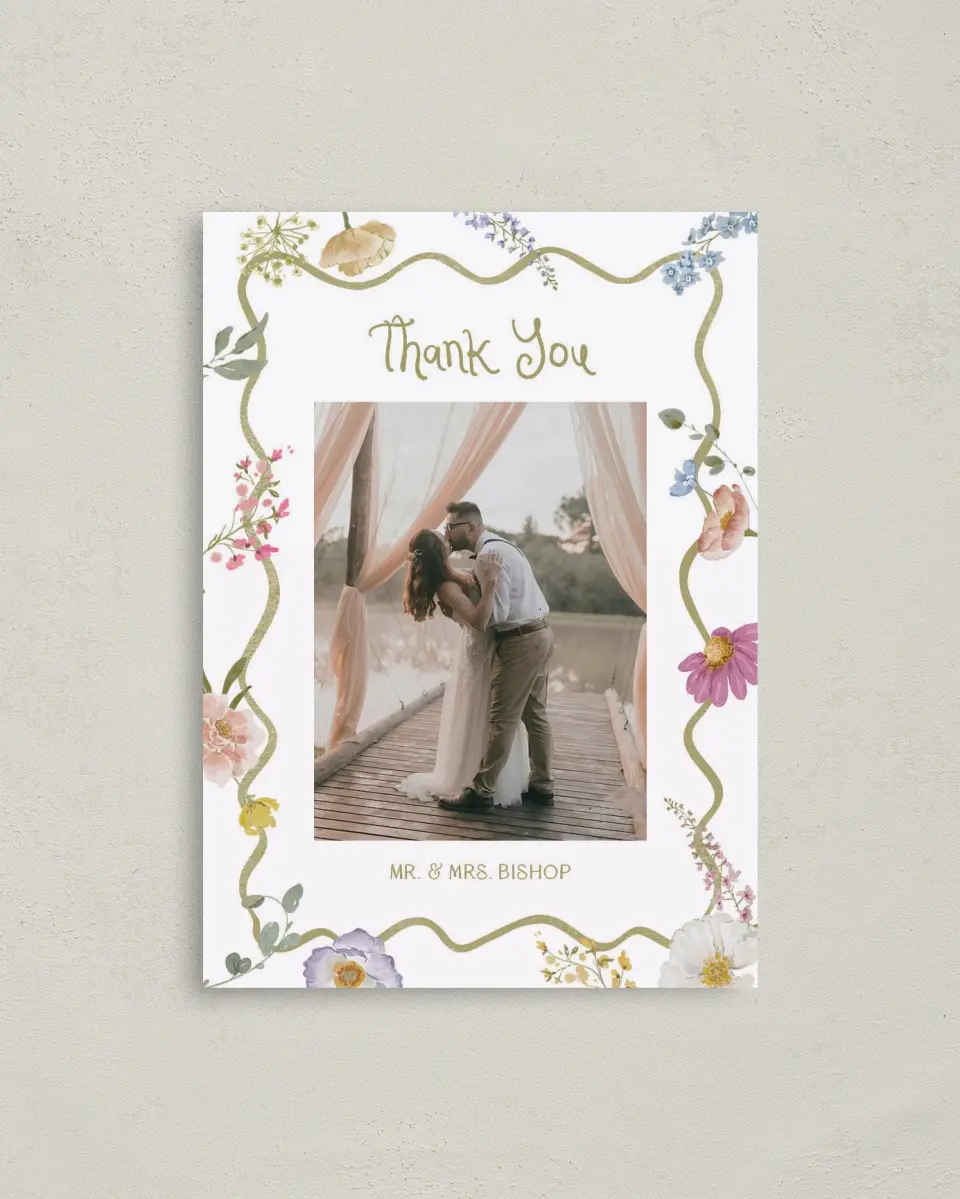 This is a 4" x 5.6" Thank You Postcard called Whimsical Garden printed in full color on Soft Touch Finish paper