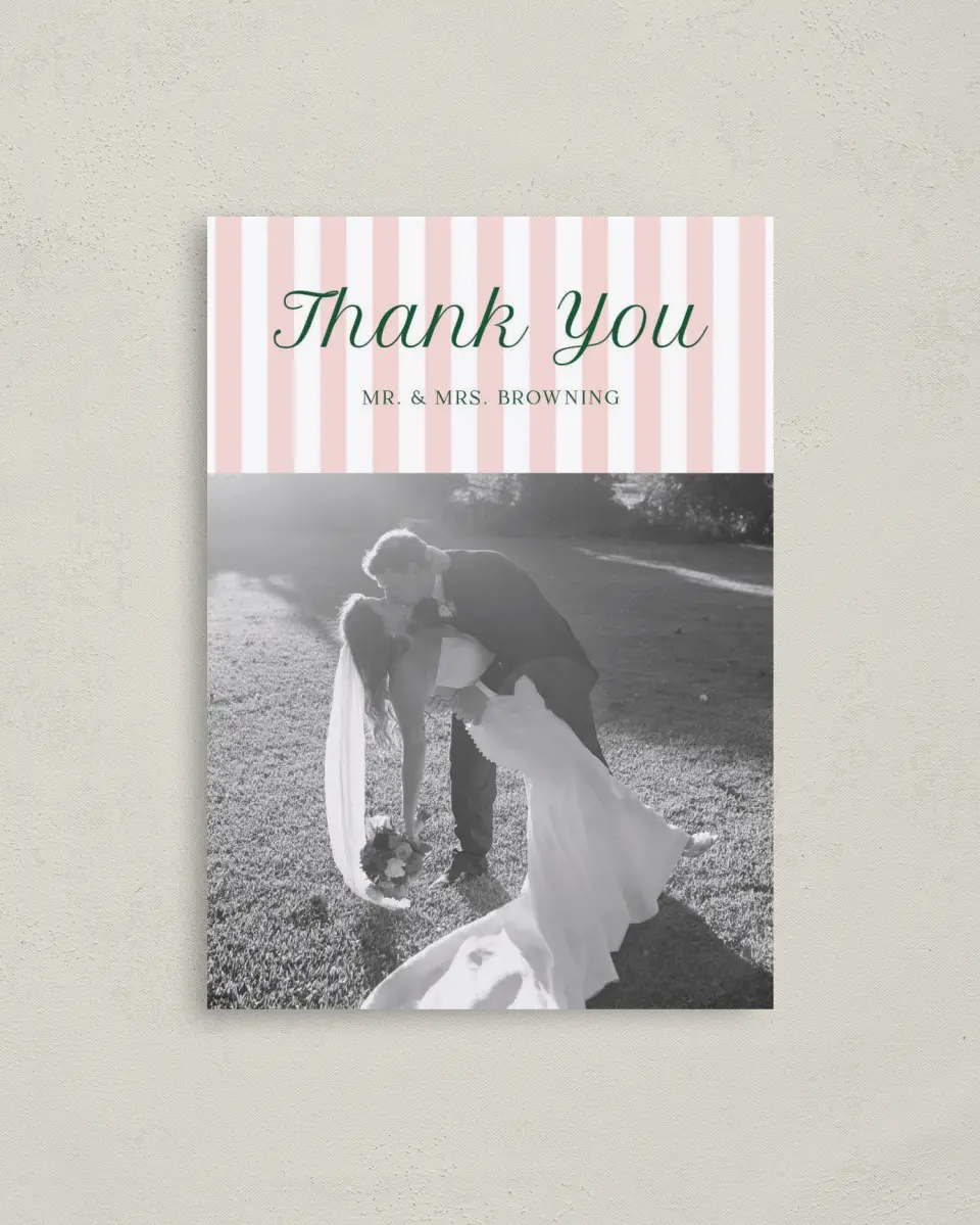 This is a 4" x 5.6" Thank You Postcard called A Perfect Match printed in full color with Gold foil on Soft Touch Finish paper