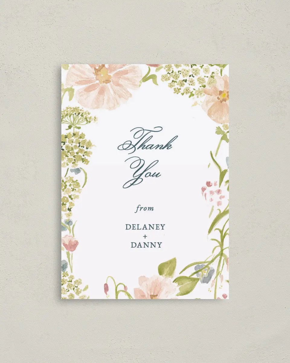 This is a 4" x 5.6" Thank You Postcard called Garden of Vows printed in full color on Soft Touch Finish paper