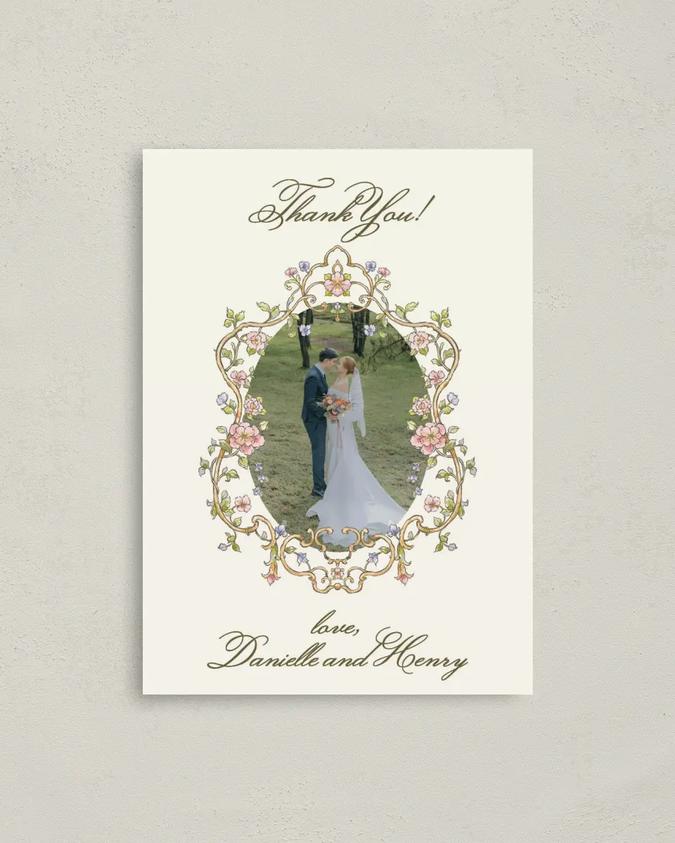This is a 4" x 5.6" Thank You Postcard called Ever After printed in full color on Soft Touch Finish paper