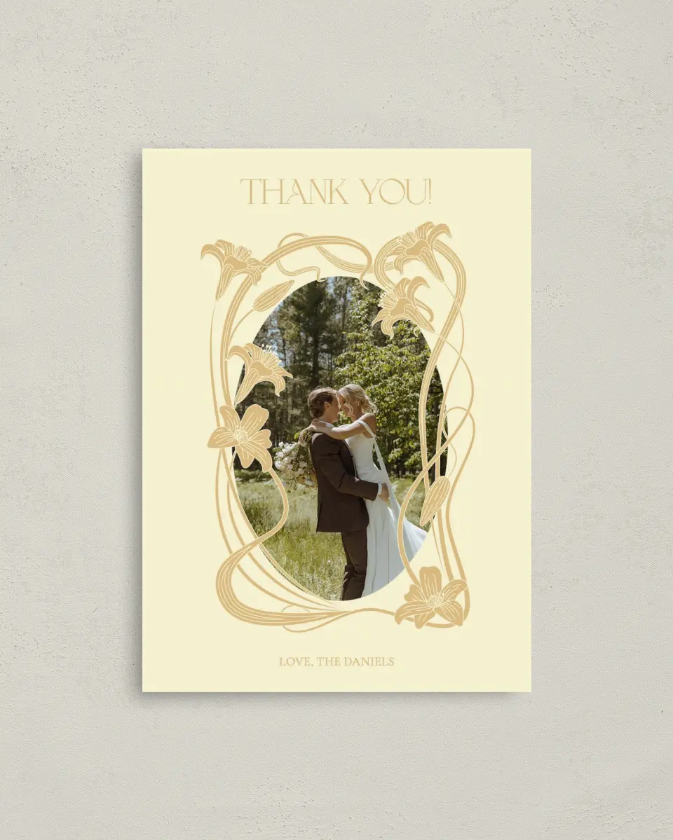This is a 4" x 5.6" Thank You Postcard called Water Lily printed in full color on Soft Touch Finish paper