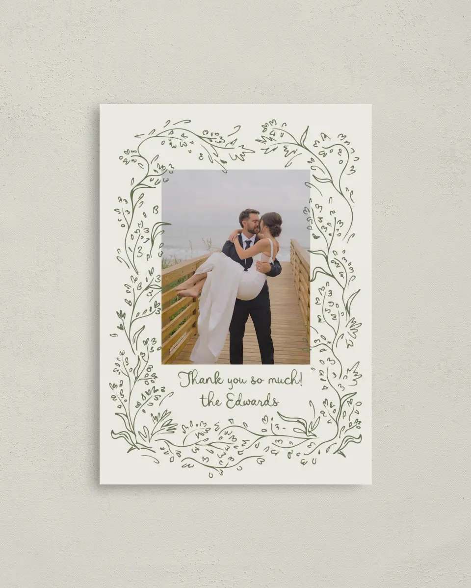 This is a 4" x 5.6" Thank You Postcard called Sweet Woodland printed in full color on Soft Touch Finish paper