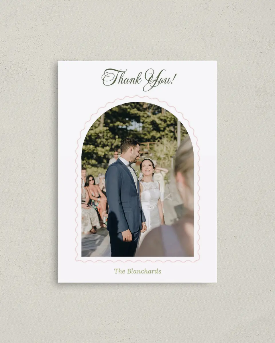 This is a 4" x 5.6" Thank You Postcard called Palm Paradise printed in full color on Soft Touch Finish paper