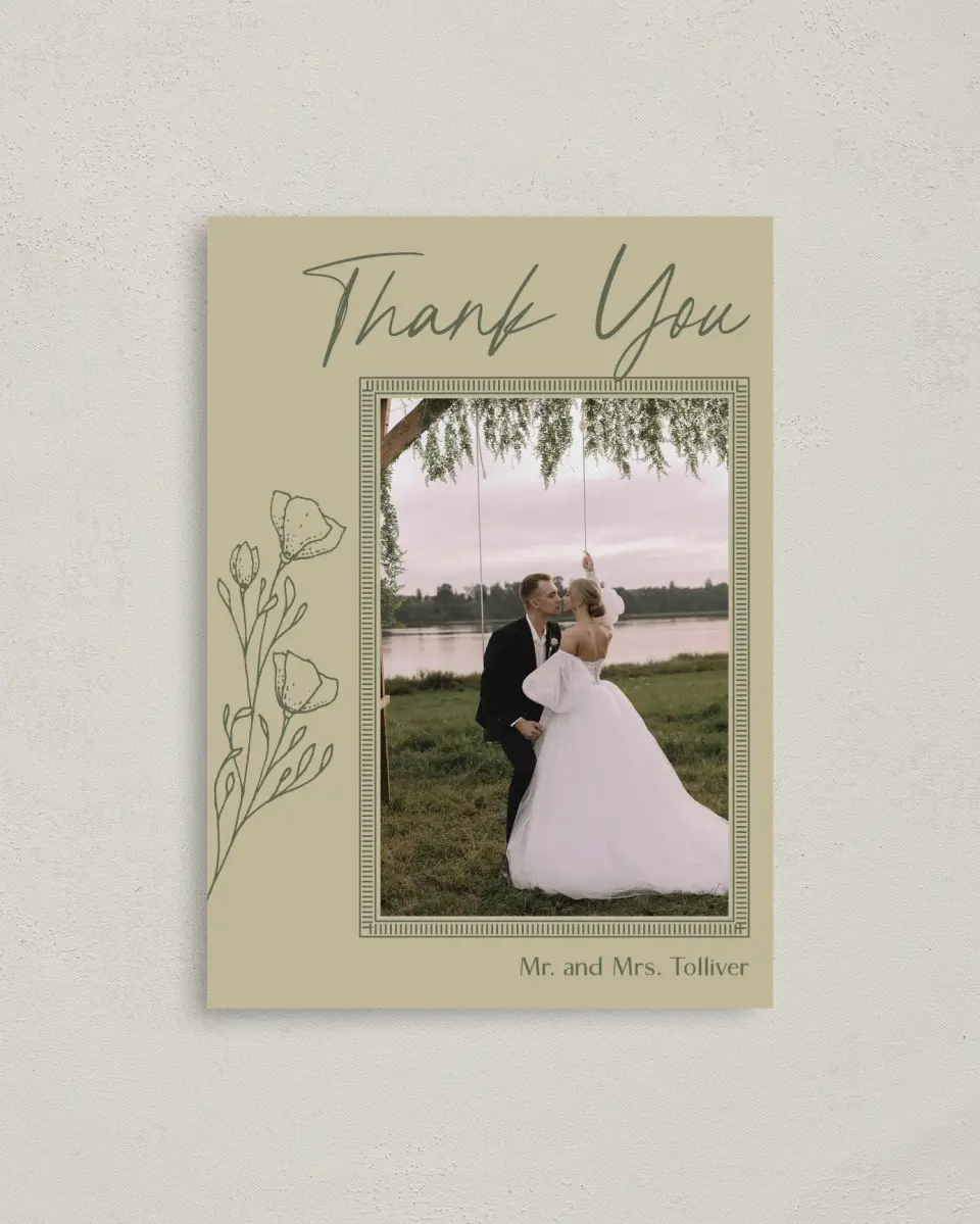 This is a 4" x 5.6" Thank You Postcard called Idyllic Love printed in full color on Soft Touch Finish paper