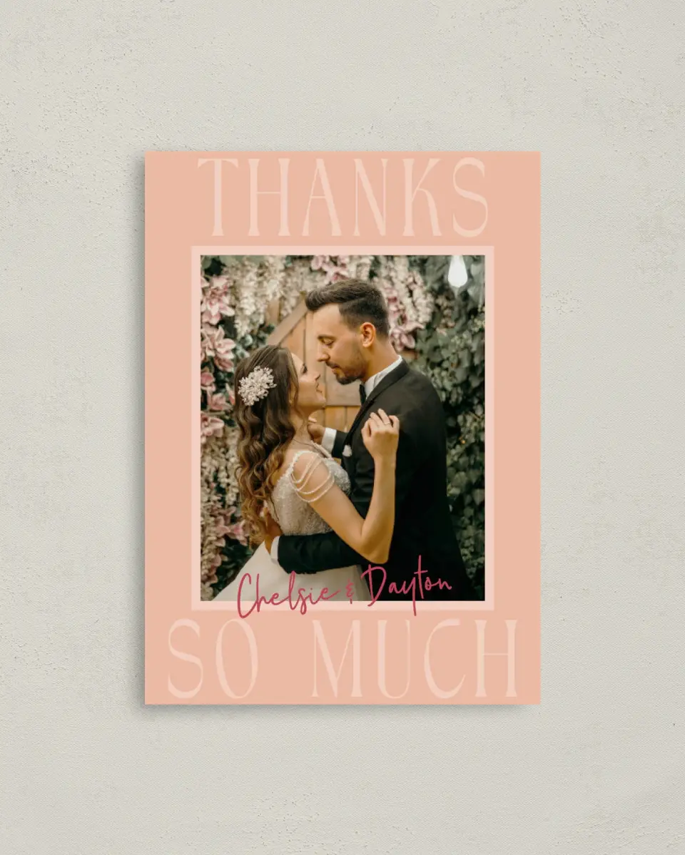 This is a 4" x 5.6" Thank You Postcard called Lovey-Dovey printed in full color on Soft Touch Finish paper