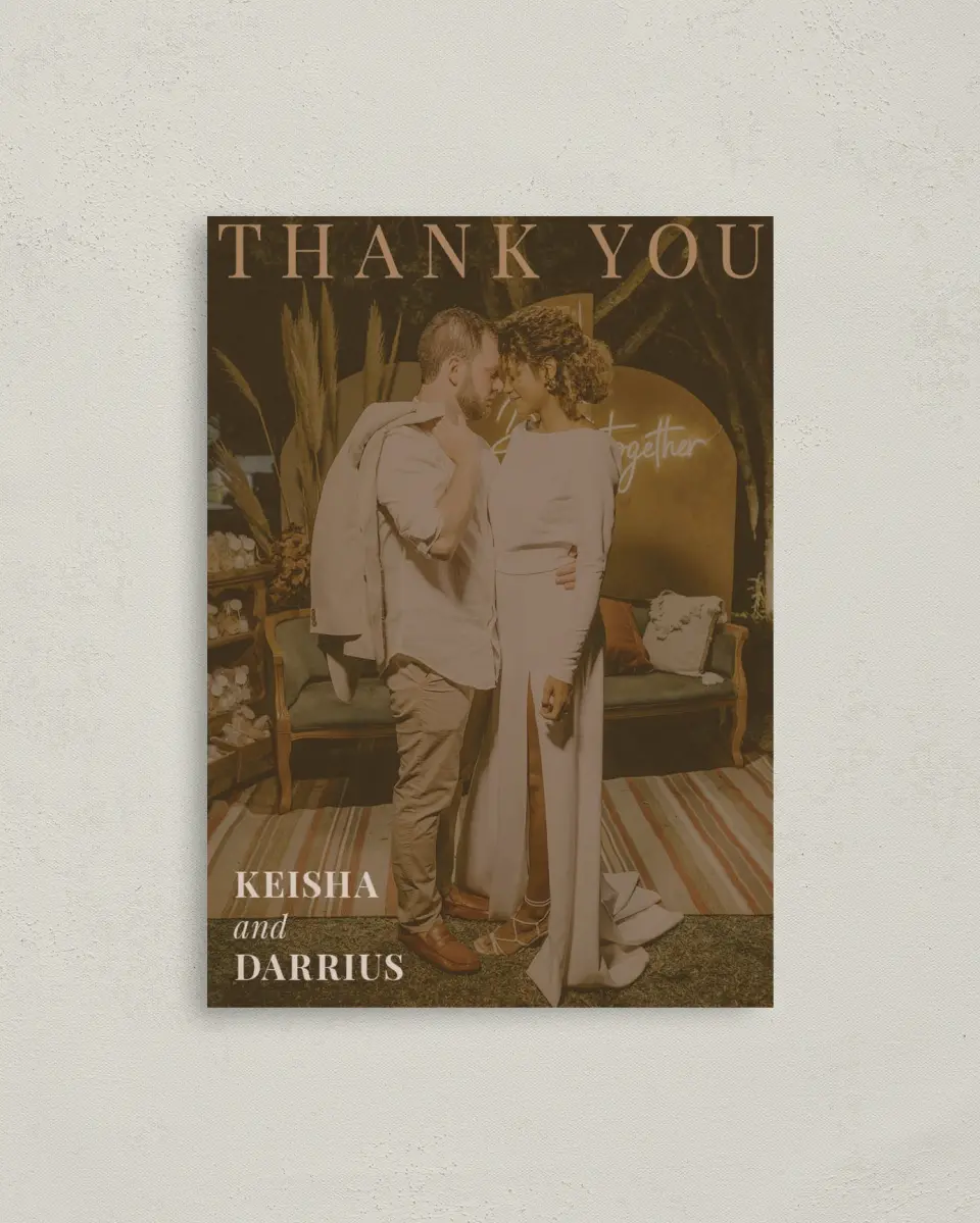 This is a 4" x 5.6" Thank You Postcard called Bold Romance printed in full color on Soft Touch Finish paper