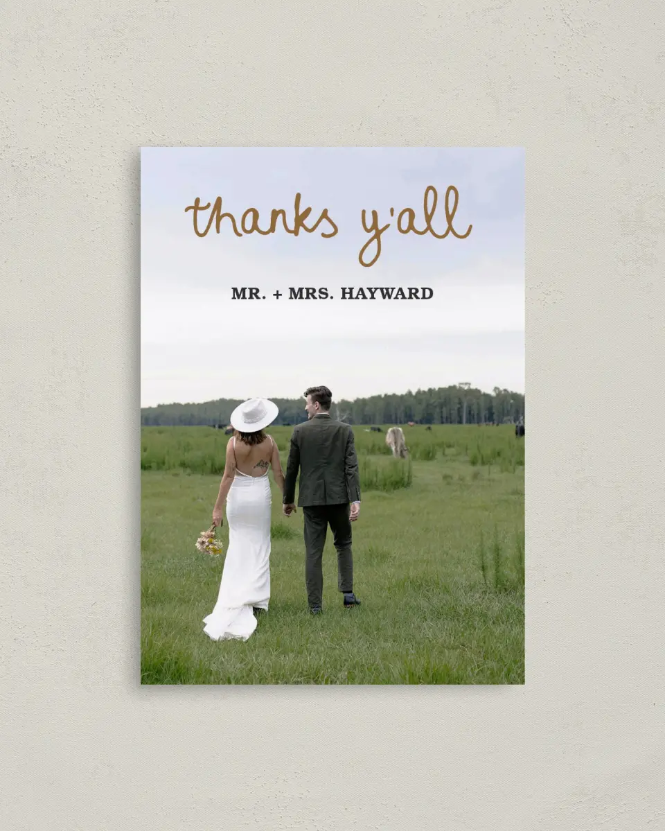 This is a 4" x 5.6" Thank You Postcard called Head Over Boots printed in full color on Soft Touch Finish paper