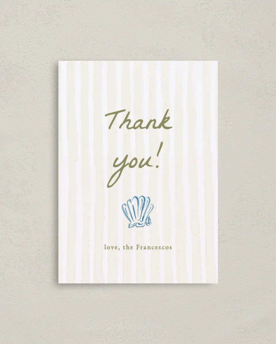 This is a 4" x 5.6" Thank You Postcard called Positano Daydream printed in full color on Soft Touch Finish paper