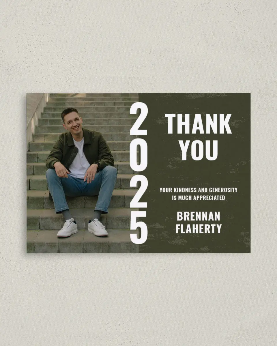 This is a 4" x 5.6" Graduation Thank You Postcard called Genuine Graduate printed in full color on Soft Touch Finish paper