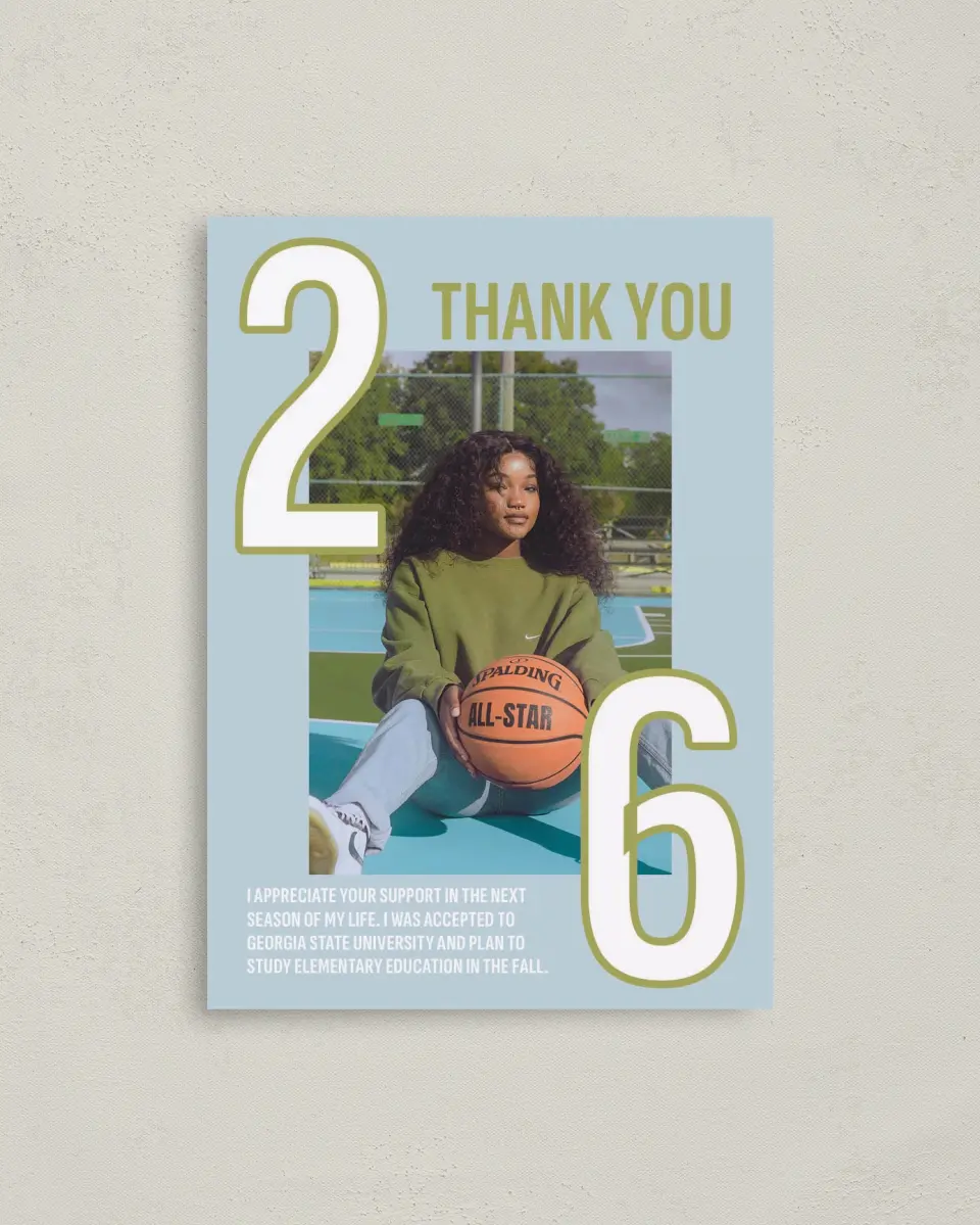 This is a 4" x 5.6" Graduation Thank You Postcard called Big Grad Energy printed in full color on Soft Touch Finish paper