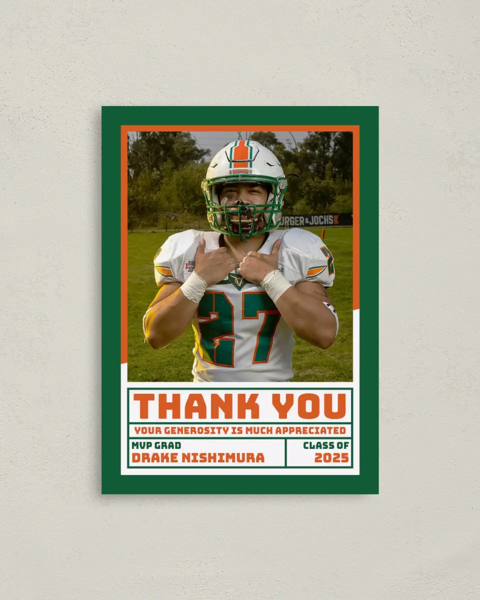 This is a 4" x 5.6" Graduation Thank You Postcard called MVP Grad printed in full color on Soft Touch Finish paper