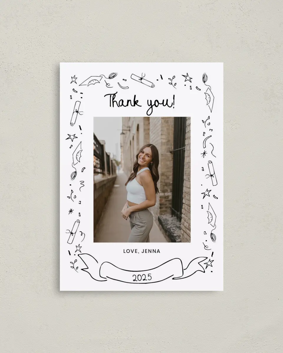 This is a 4" x 5.6" Graduation Thank You Postcard called Handwritten Grad printed in full color on Soft Touch Finish paper