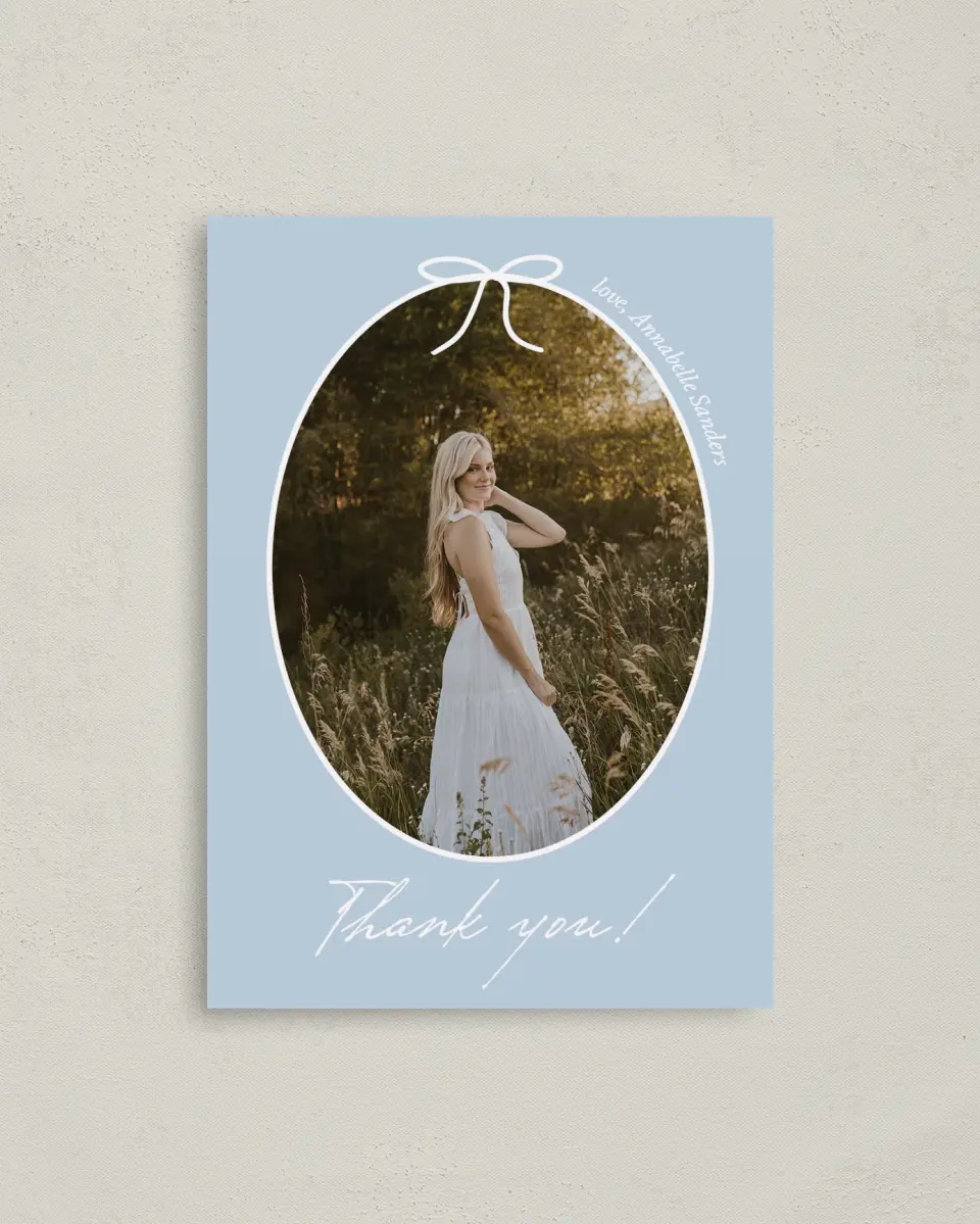 This is a 4" x 5.6" Graduation Thank You Postcard called Future Tied printed in full color with Rose Gold foil on Soft Touch Finish paper