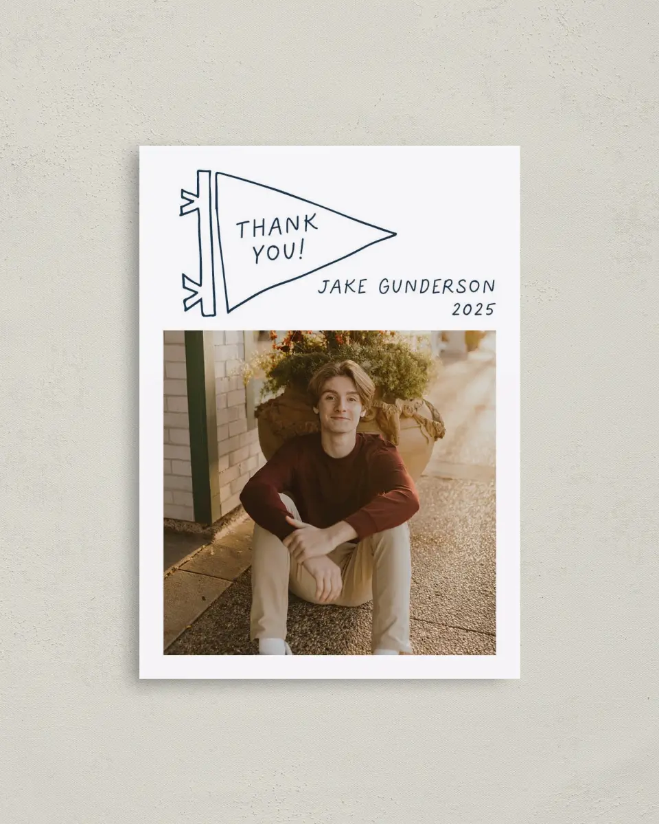 This is a 4" x 5.6" Graduation Thank You Postcard called New Chapter printed in full color on Soft Touch Finish paper