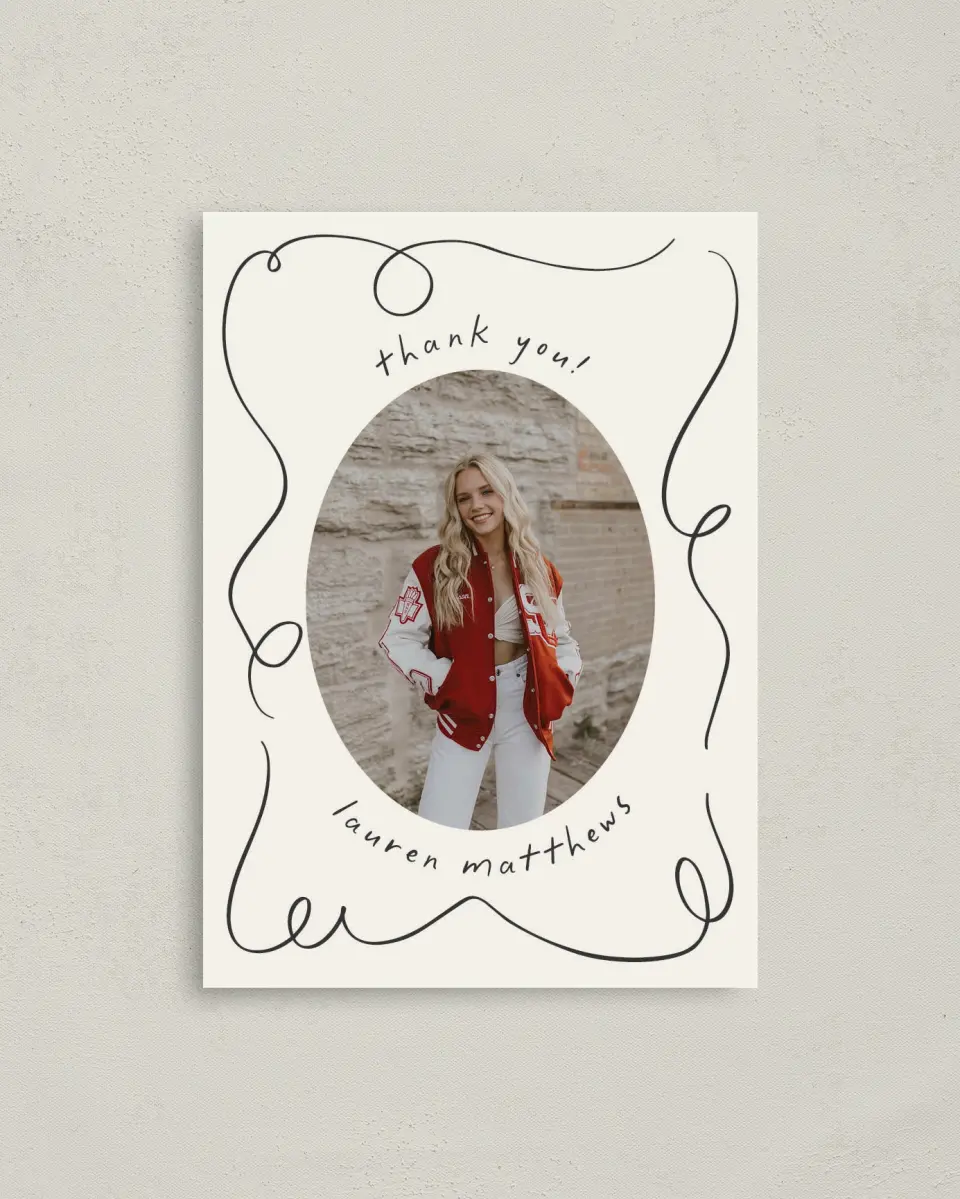 This is a 4" x 5.6" Graduation Thank You Postcard called Free to be printed in full color on Soft Touch Finish paper