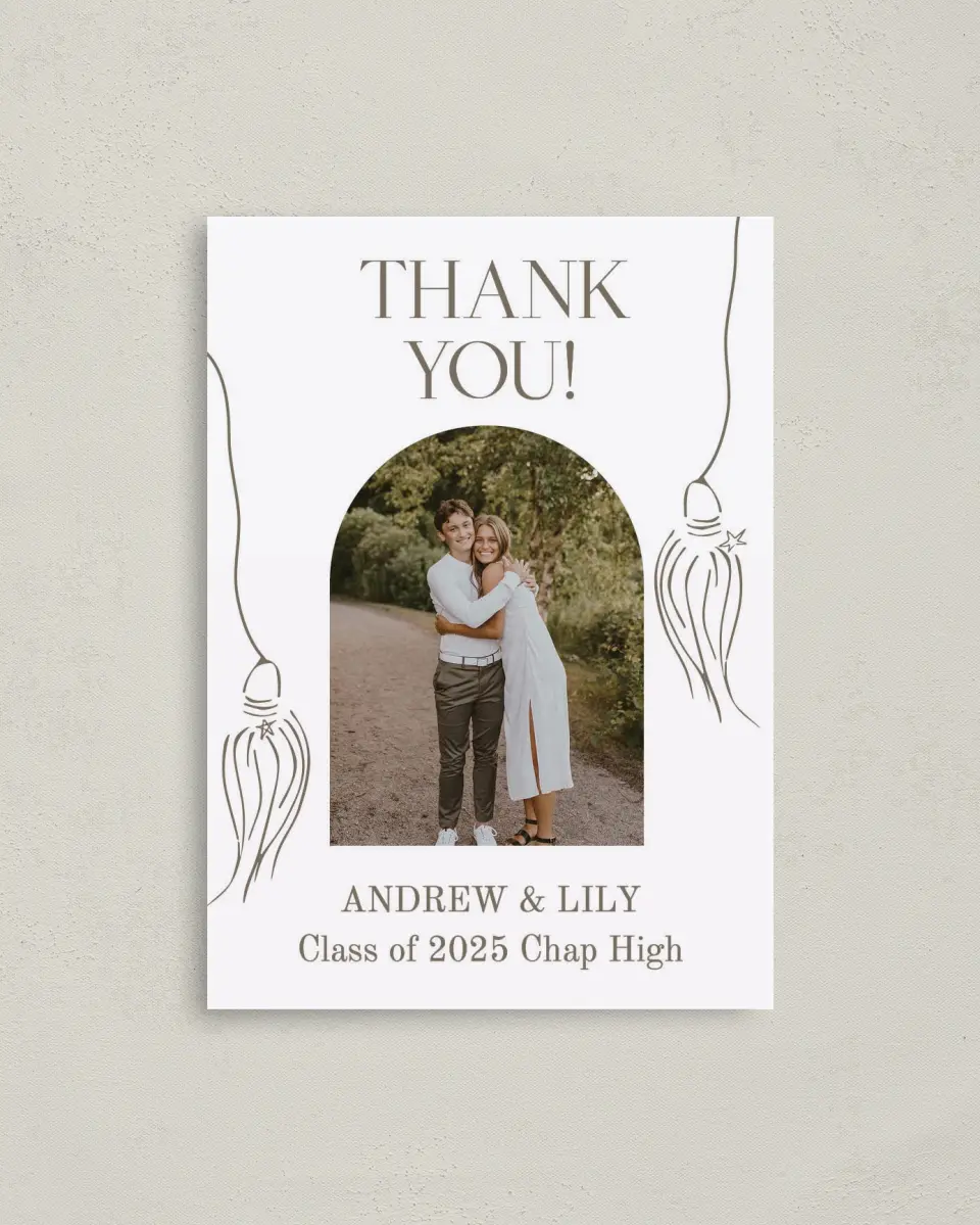This is a 4" x 5.6" Graduation Thank You Postcard called Cap and Gown printed in full color on Soft Touch Finish paper