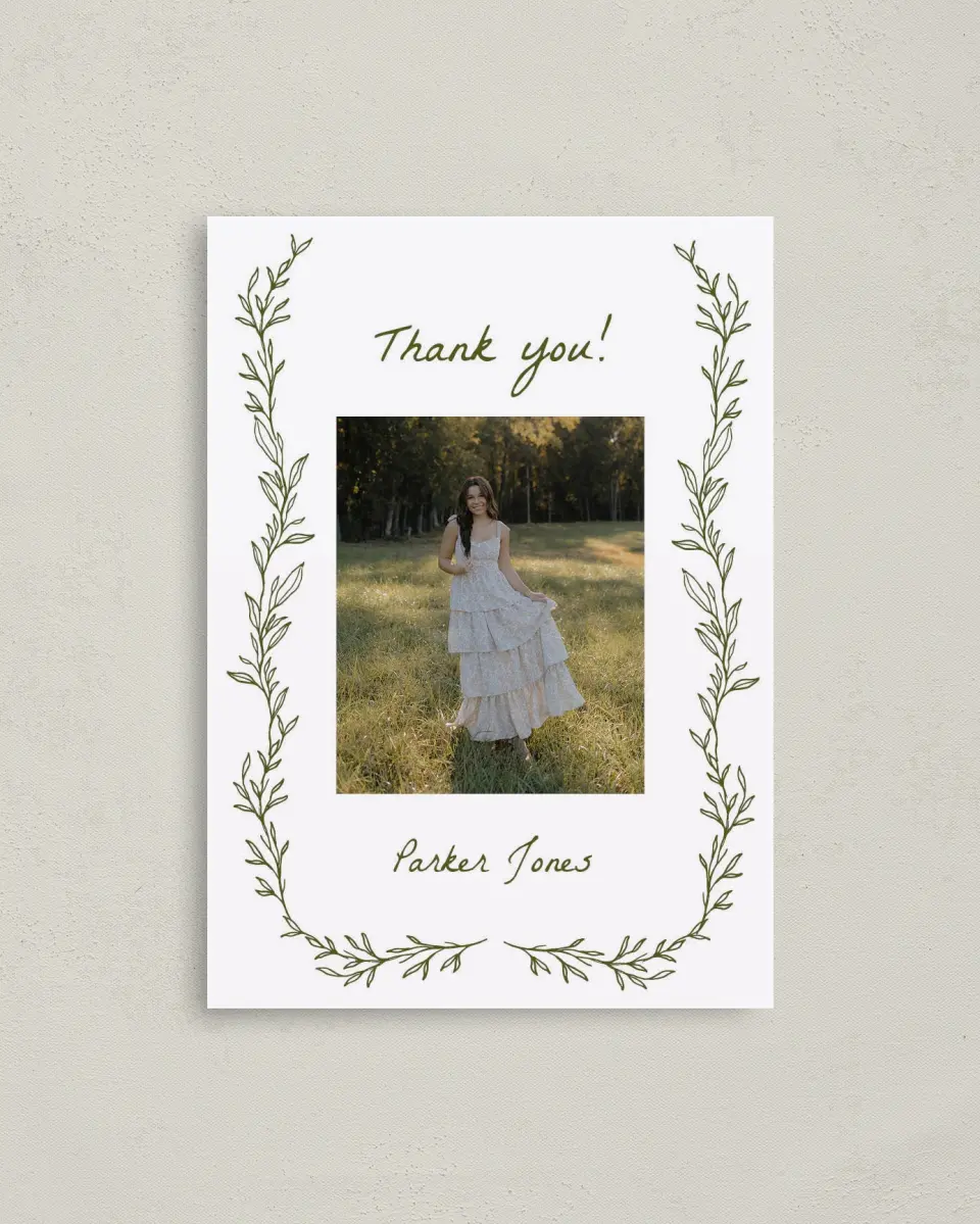 This is a 4" x 5.6" Graduation Thank You Postcard called Flourish & Thrive printed in full color with Rose Gold foil on Soft Touch Finish paper