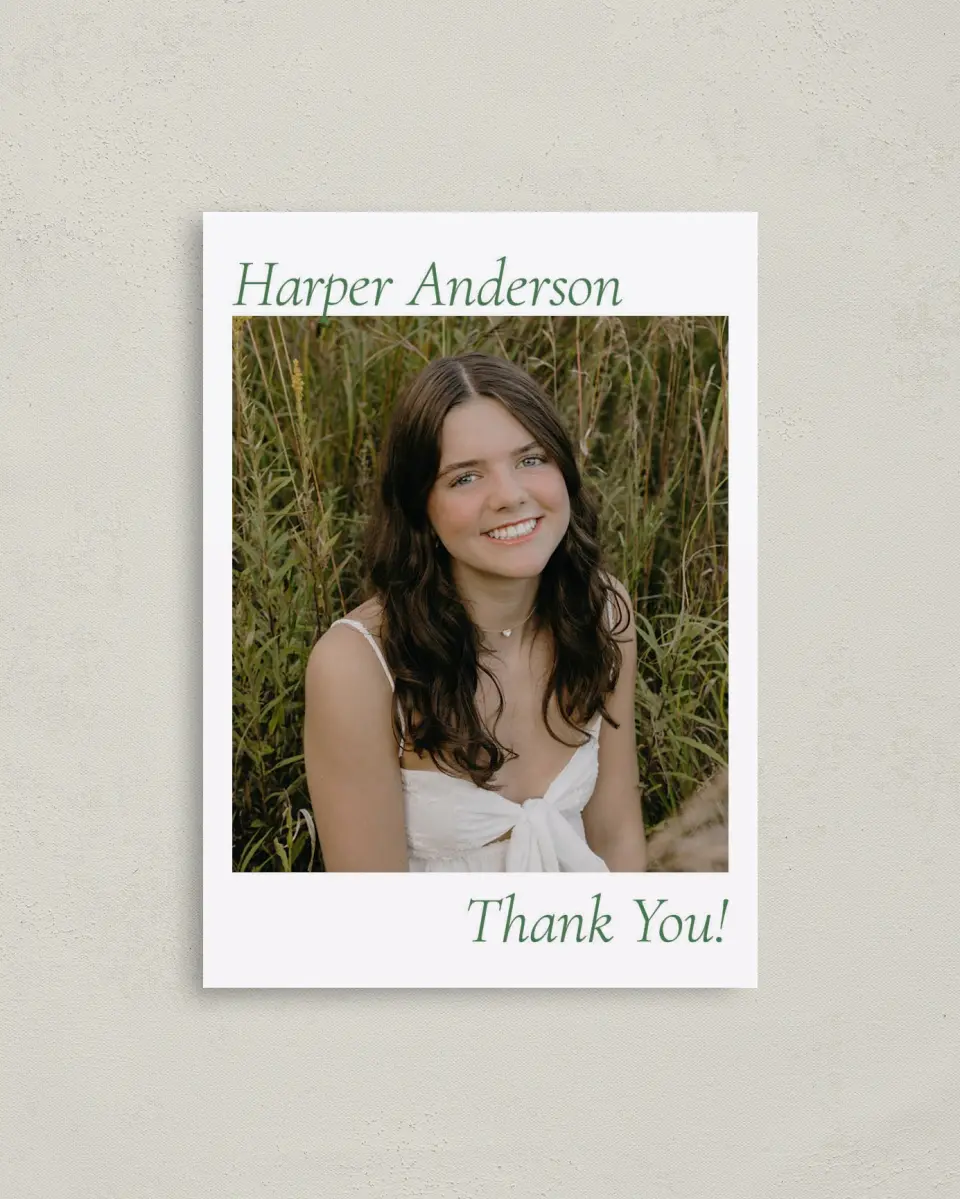 This is a 4" x 5.6" Graduation Thank You Postcard called Our Grad printed in full color on Soft Touch Finish paper