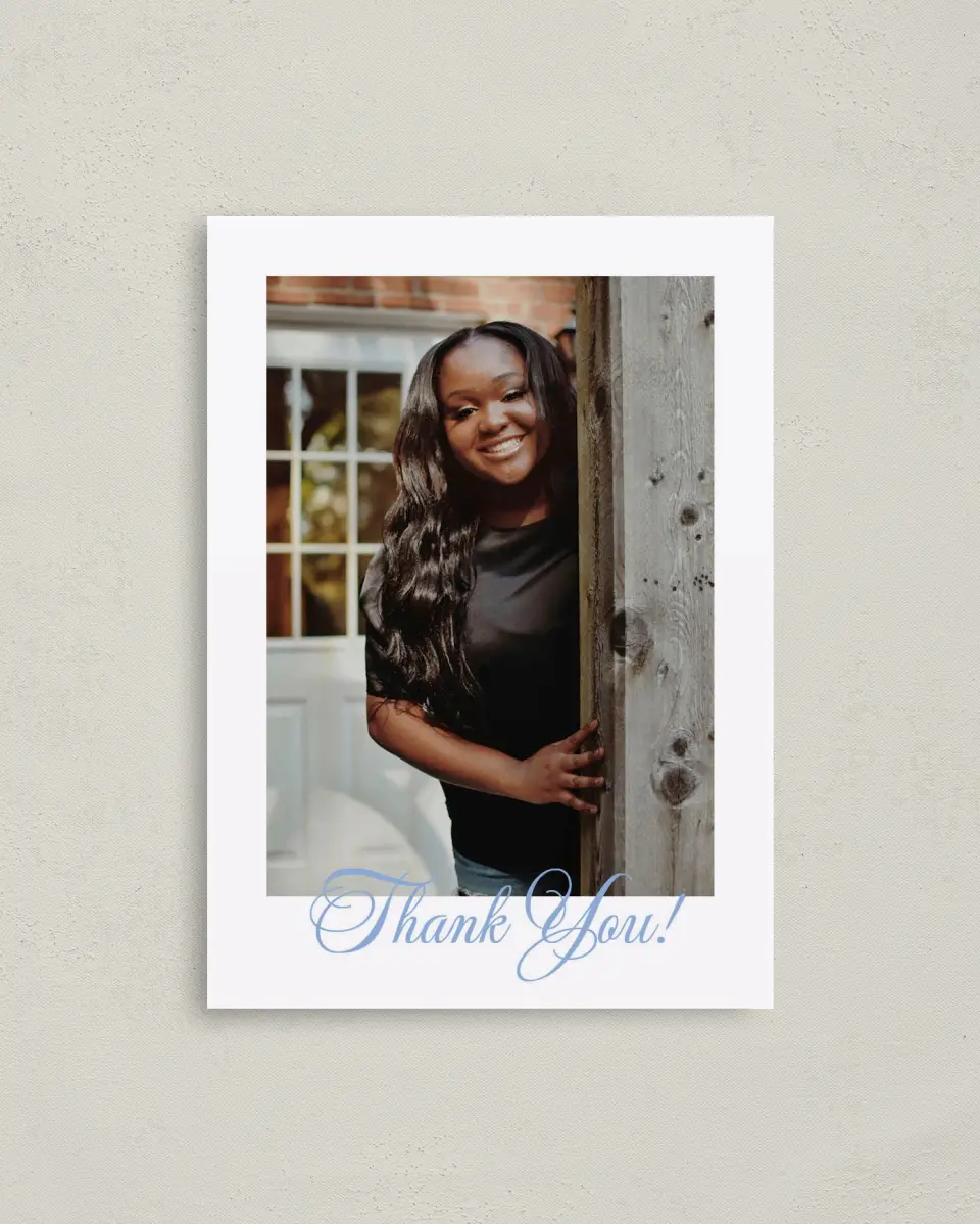 This is a 4" x 5.6" Graduation Thank You Postcard called Celebration of Success printed in full color with Rose Gold foil on Soft Touch Finish paper