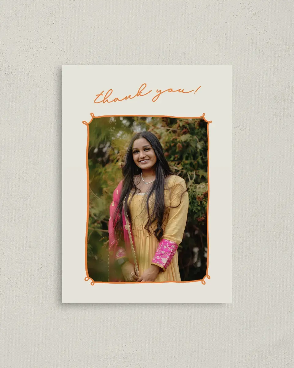 This is a 4" x 5.6" Graduation Thank You Postcard called Grand Grad printed in full color on Soft Touch Finish paper