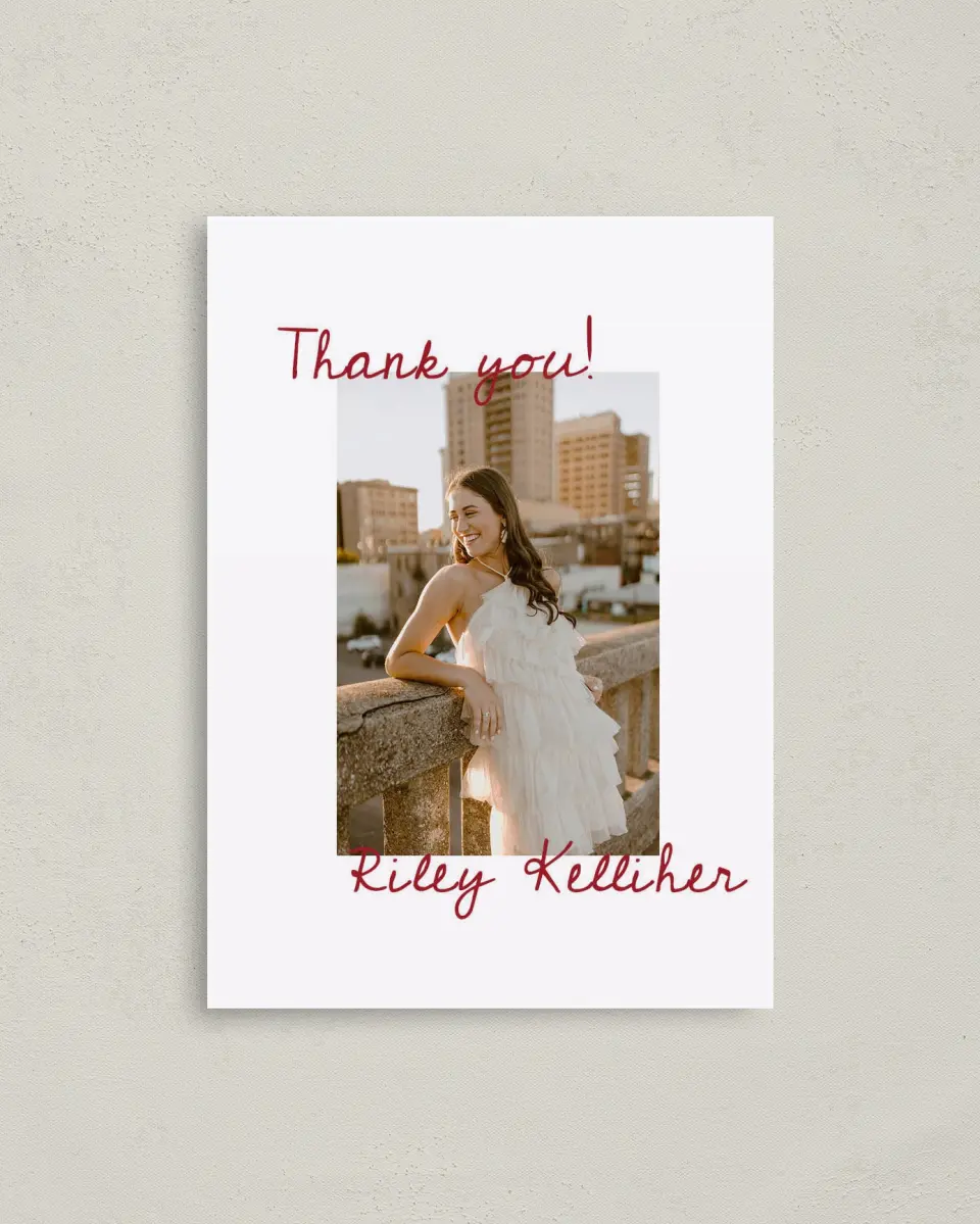 This is a 4" x 5.6" Graduation Thank You Postcard called Stunning Celebration printed in full color on Soft Touch Finish paper