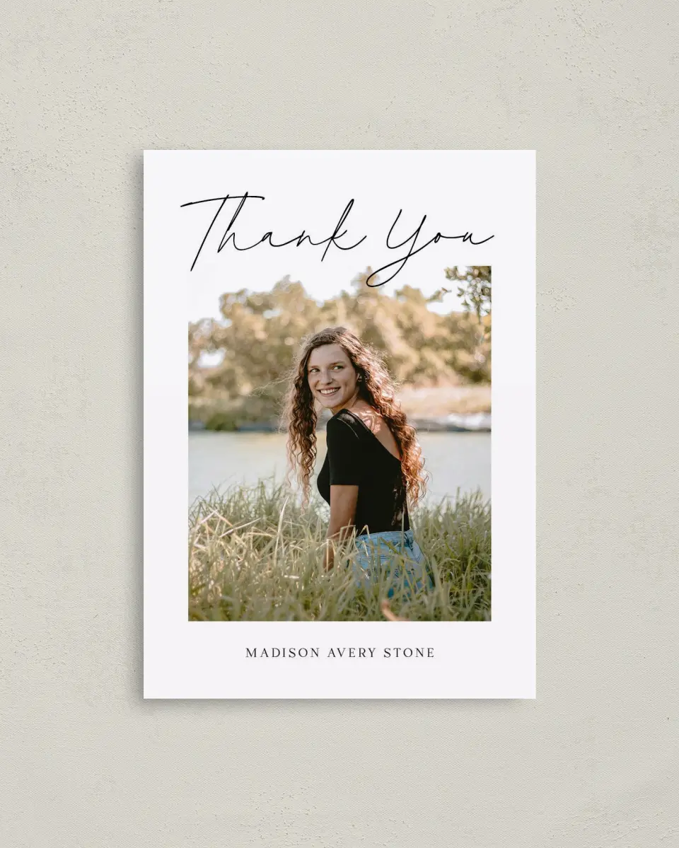 This is a 4" x 5.6" Graduation Thank You Postcard called Top of Class printed in full color on Soft Touch Finish paper